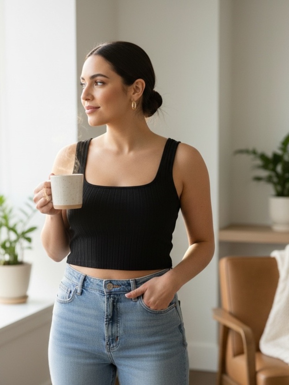 Shein Curve Ribbed Square-Neck Black Crop Tank Top
